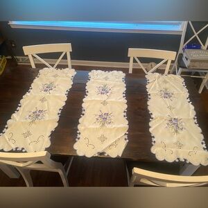3 NWOT Identical Embroidered Table Runners - Purple & Periwinkle Flowers